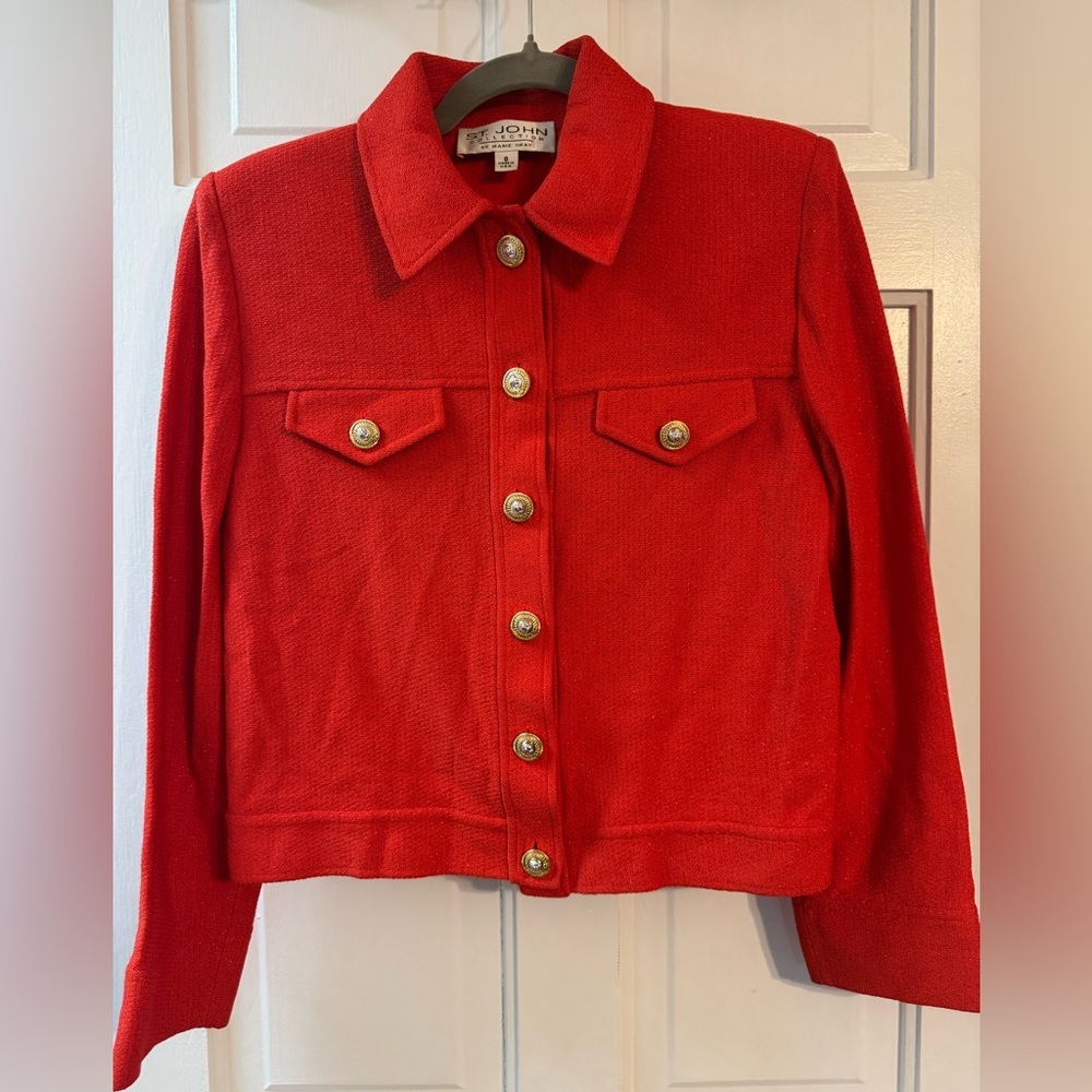 Vintage St John Collection Red Knit Jacket Gold Buttons Size 8 USA
